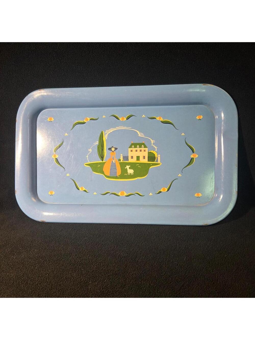 3 vintage, mid-century, metal snack serving trays, 14.25 inches by 8.75 inches.